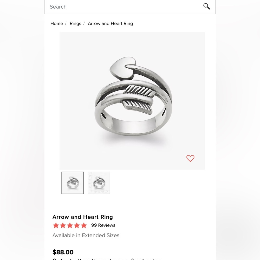 James Avery arrow & heart ring size 8.5